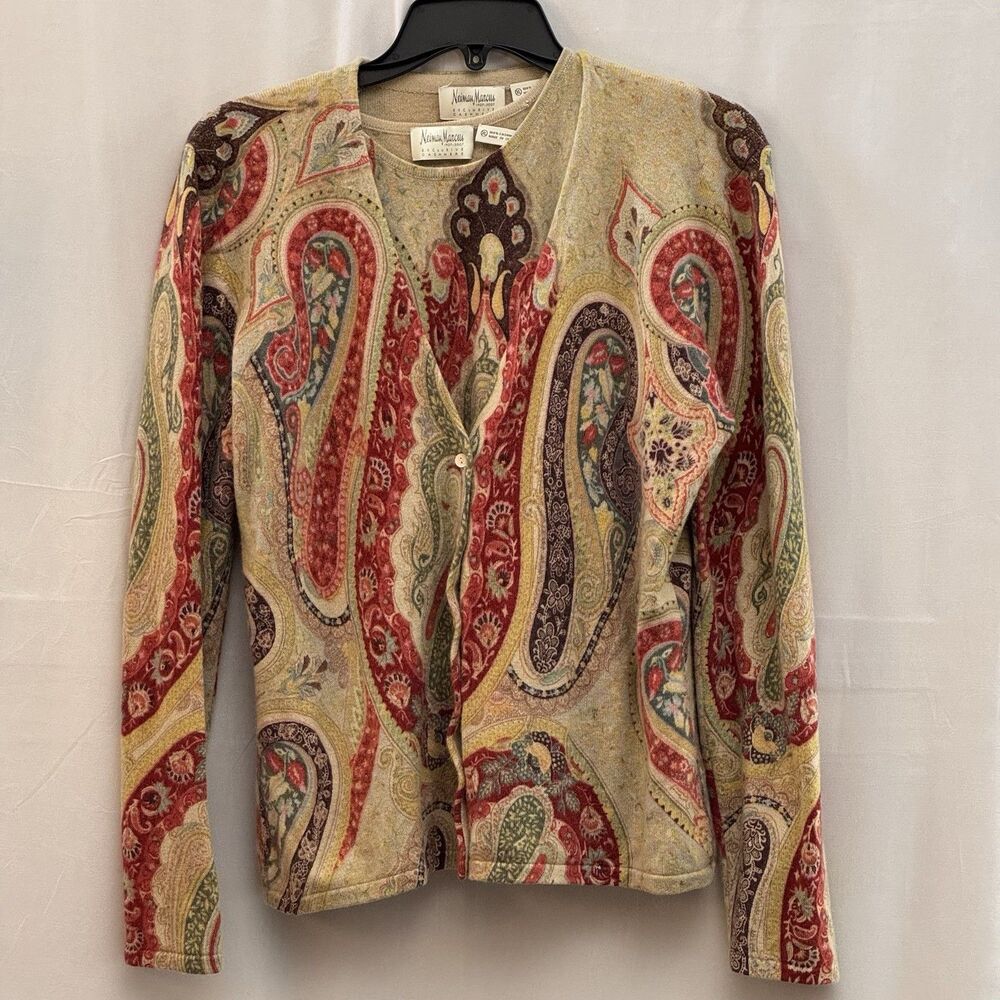 Neiman Marcus 100% Cashmere Twin Set XL Paisley Cardigan Sweater Artsy Boho Chic